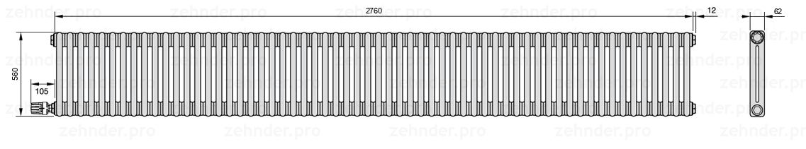 Схема (чертеж) Радиатор Zehnder Charleston 2056/60 №V004 Белый глянцевый RAL 9016